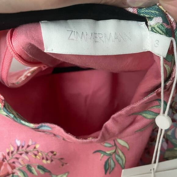 Zimmermann Bellitude Bow Front Pink Floral Linen Mini Dress Size 3/US 10 - Picture 10 of 11